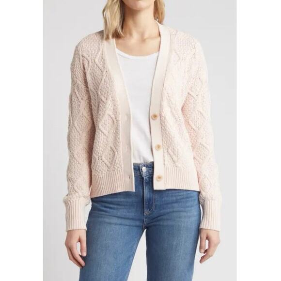Caslon 100% Pima Cotton Pastel Petal Pink Chunky Cable Knit Cardigan Sweater Lrg - Picture 1 of 12